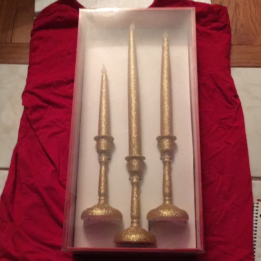 NIB Gold glitter taper candles, Set of three